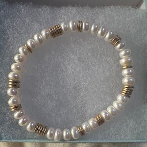 Dog House Pearls Freshwater Pearls and Gold Hematite Stretch Bracelet